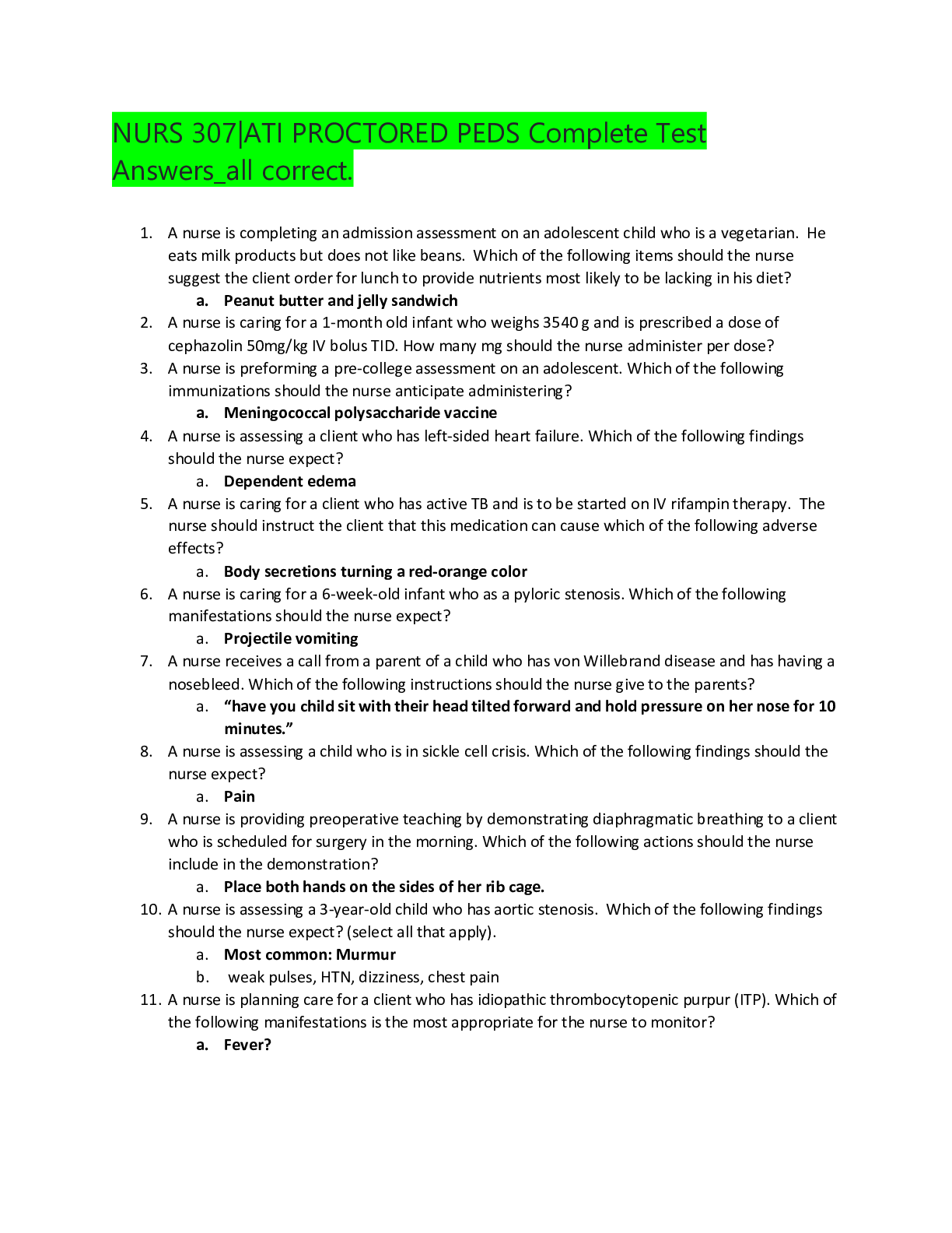 Preview image for NURS 307|ATI PROCTORED PEDS Complete Test Answers_all correct.
